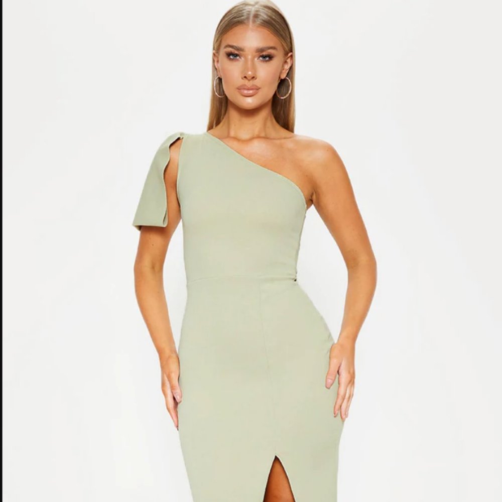 Sage Green One Shoulder Bow Midi Dress